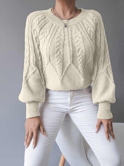 Gunnhild | Damen Zopfmuster Strickpullover mit Ballonärmel - Black - Image 3