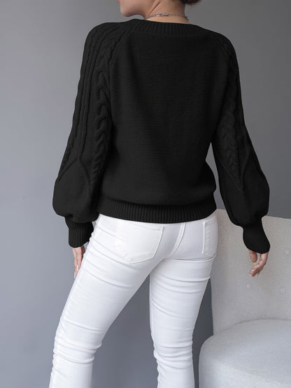 Gunnhild | Damen Zopfmuster Strickpullover mit Ballonärmel - Black - Image 6
