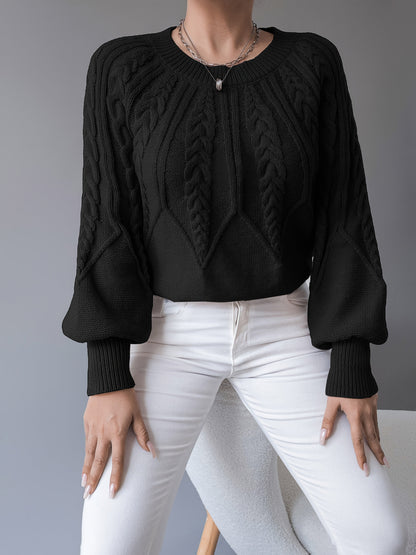 Gunnhild | Damen Zopfmuster Strickpullover mit Ballonärmel - Black - Image 1