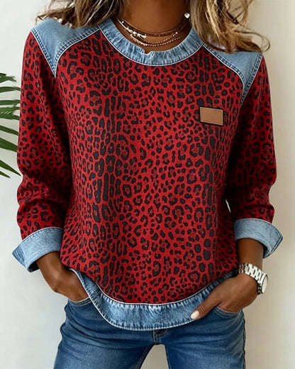 Damen Sweater Leopardenmuster Denim Patchwork Langarm Rundhals Sweatshirt - Rot