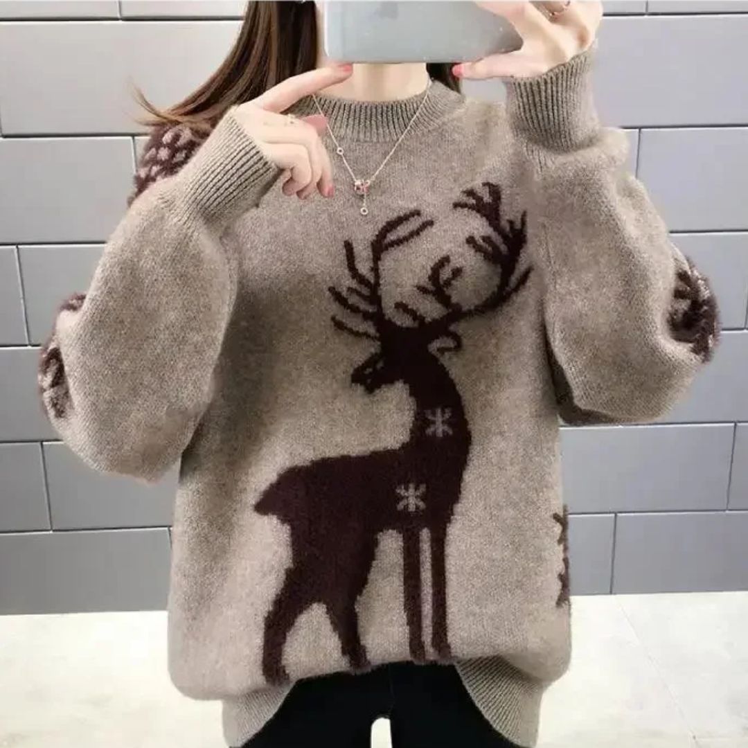 Damen Weihnachtspullover Rentiermotiv Lockere Passform 1