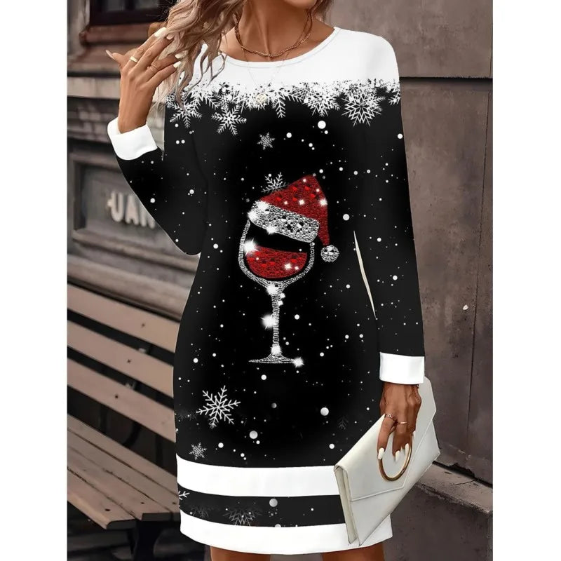 Damen Weihnachtspulloverkleid Schneemann Print Strickkleid 3