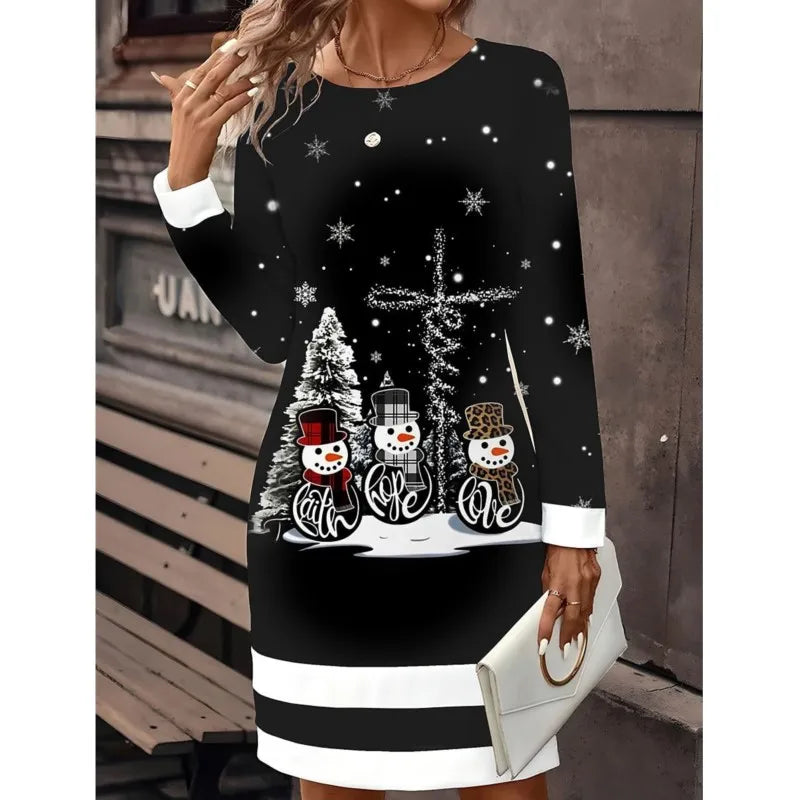 Damen Weihnachtspulloverkleid Schneemann Print Strickkleid 1