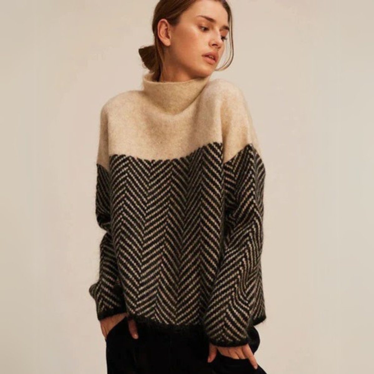 Damen Oversized Rollkragenpullover Mit Fischgrätmuster Für Herbst Und Winter – Eleganter Stil Und Hoher Komfort 0