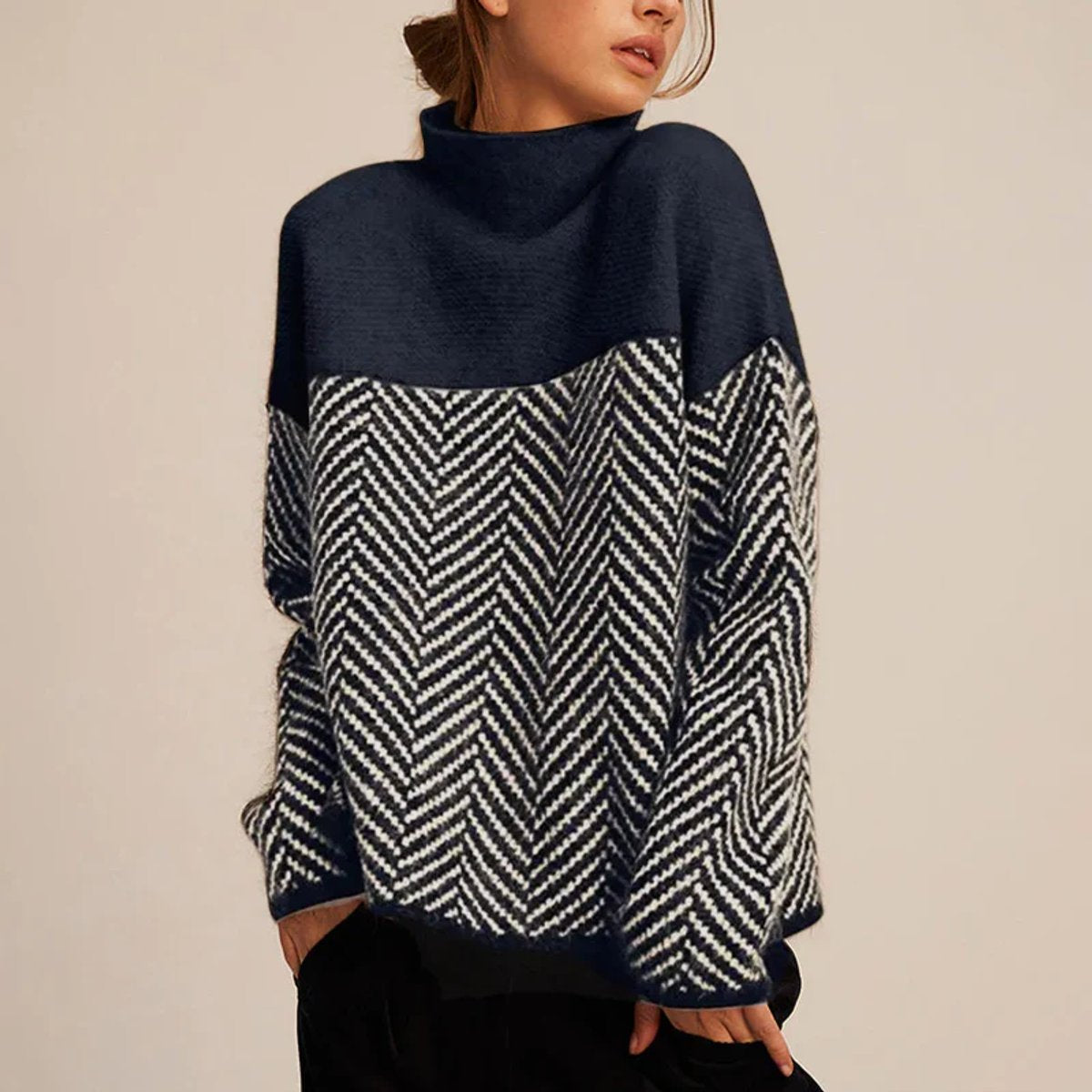 Damen Oversized Rollkragenpullover Mit Fischgrätmuster Für Herbst Und Winter – Eleganter Stil Und Hoher Komfort 1