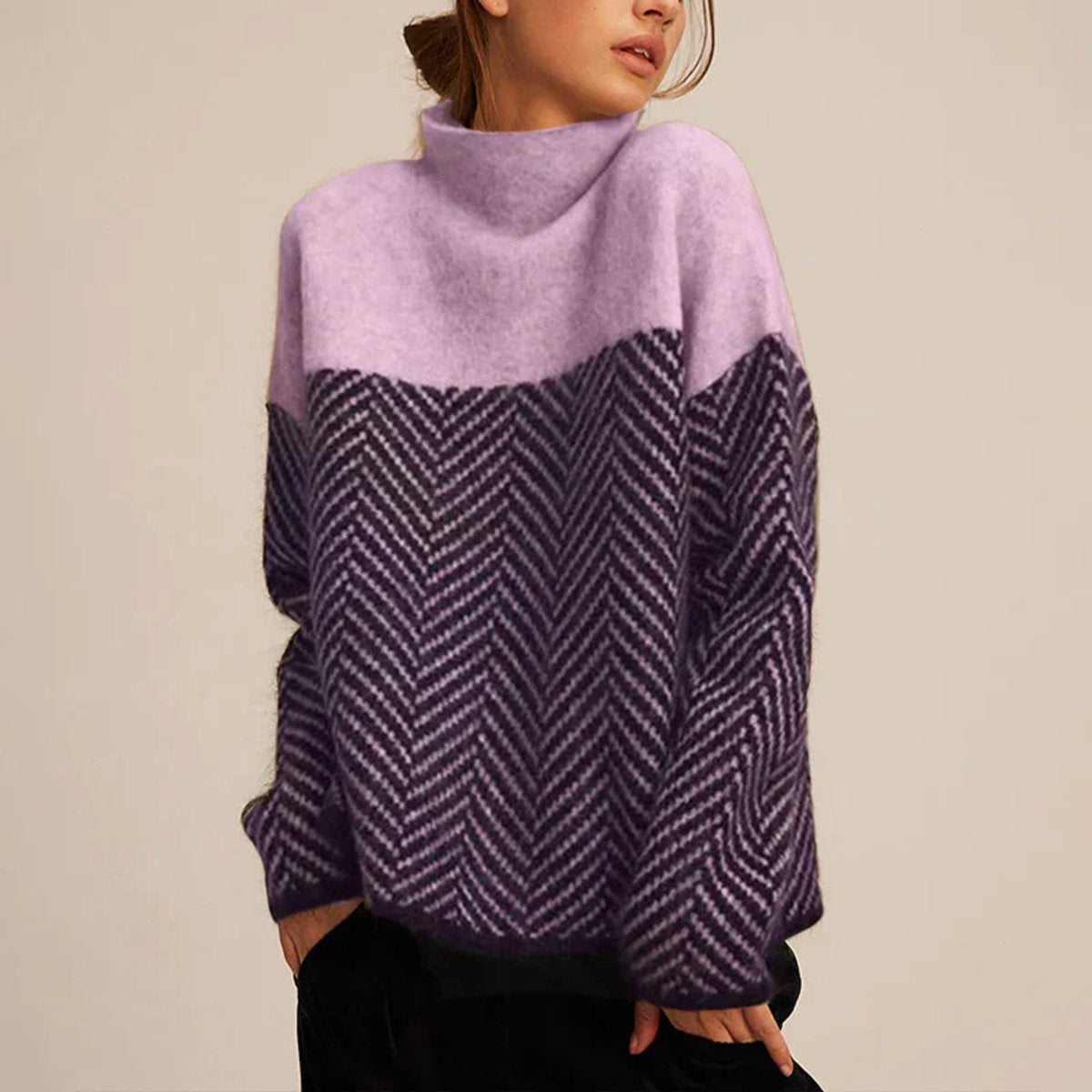Damen Oversized Rollkragenpullover Mit Fischgrätmuster Für Herbst Und Winter – Eleganter Stil Und Hoher Komfort 2