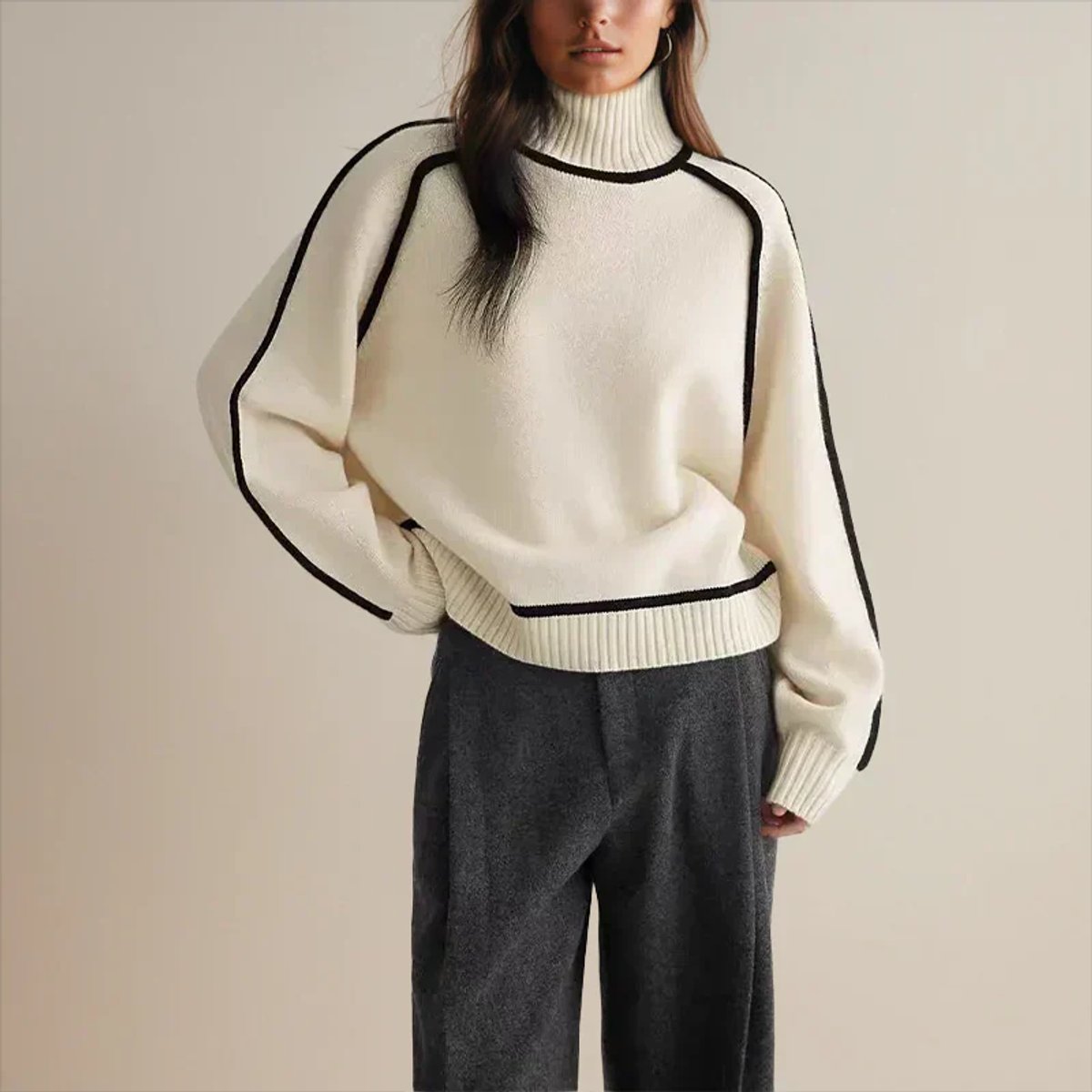 Damen Oversized Rollkragenpullover mit Kontraststreifen – Lässiger Strickpullover für Herbst und Winter 1