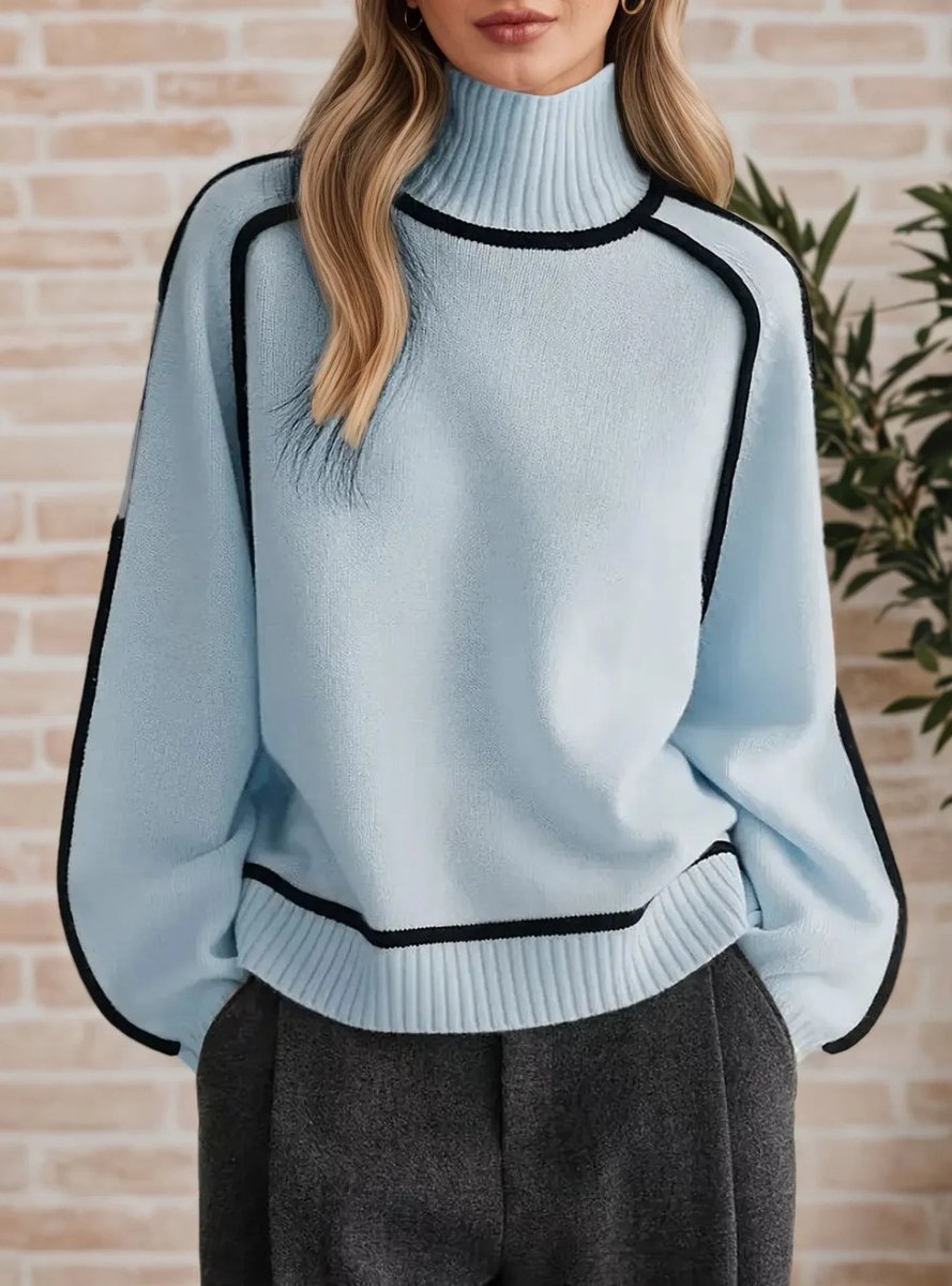 Damen Oversized Rollkragenpullover mit Kontraststreifen – Lässiger Strickpullover für Herbst und Winter 4