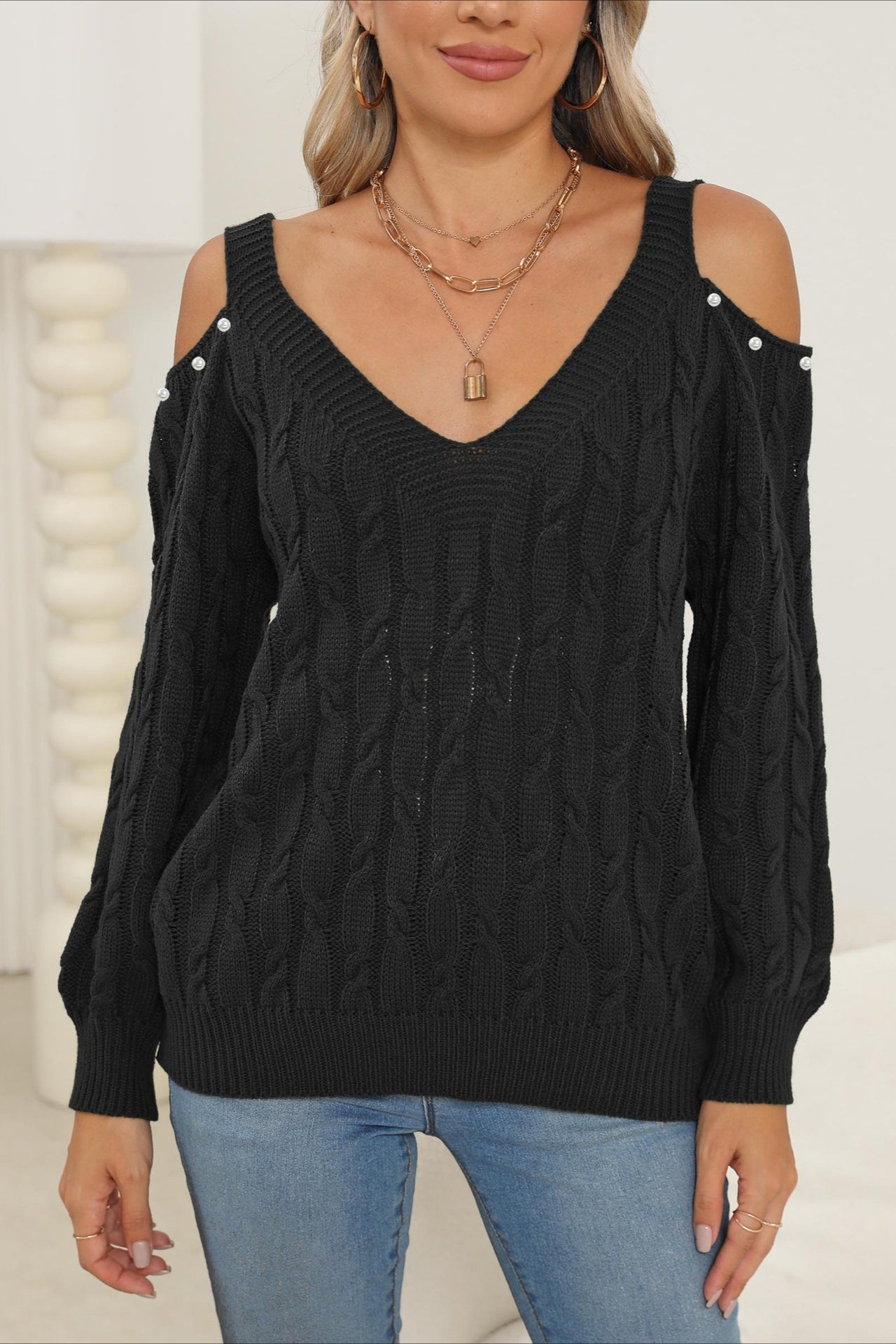 Damen Pullover Mit Off Shoulder Ausschnitt Und V Kragen 11