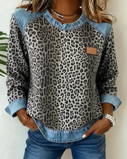 Damen Sweater Leopardenmuster mit Denim Patchwork Langarm Rundhals Sweatshirt 3