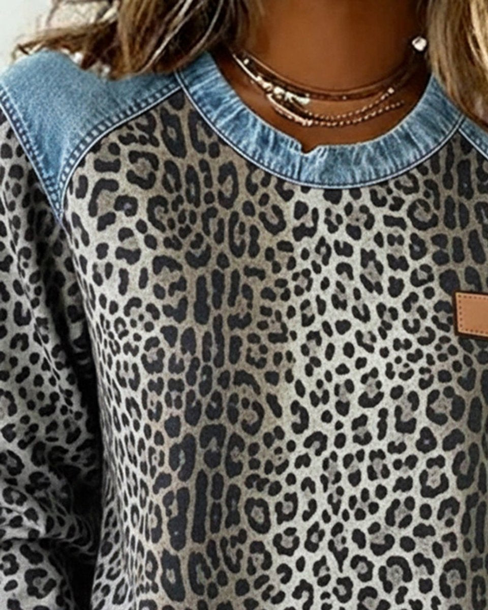 Damen Sweater Leopardenmuster mit Denim Patchwork Langarm Rundhals Sweatshirt 4