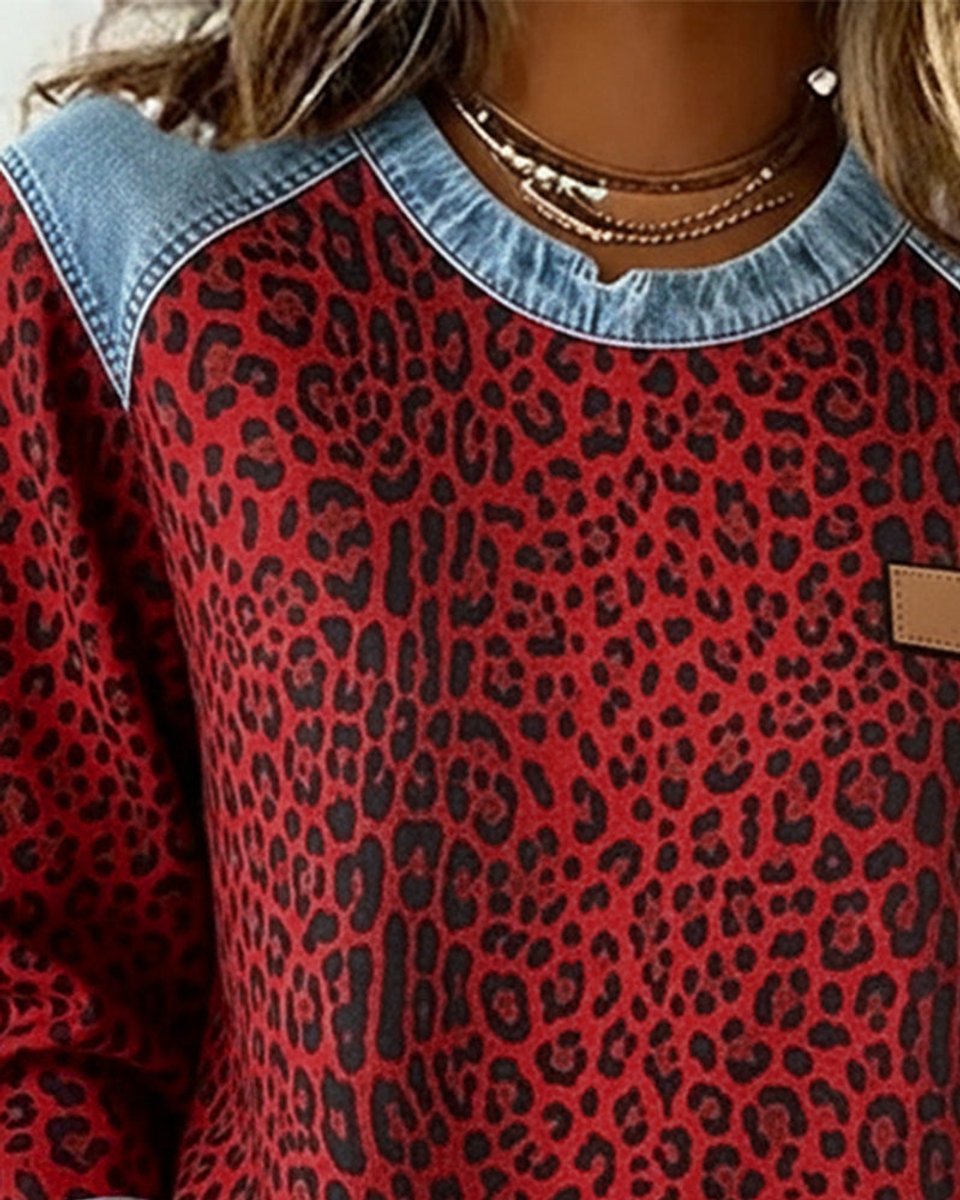 Damen Sweater Leopardenmuster mit Denim Patchwork Langarm Rundhals Sweatshirt 7