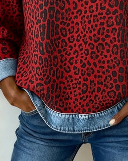 Damen Sweater Leopardenmuster mit Denim Patchwork Langarm Rundhals Sweatshirt 8