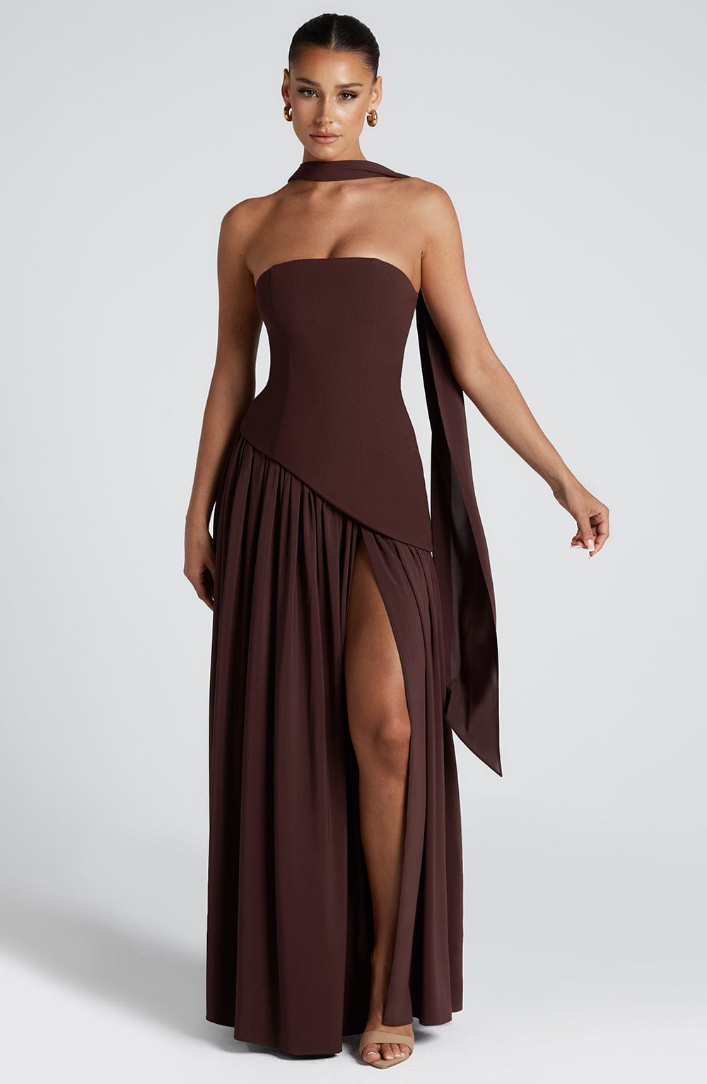 Maxi Abendkleid Damen | Trägerloses Korsett & Hoher Schlitz