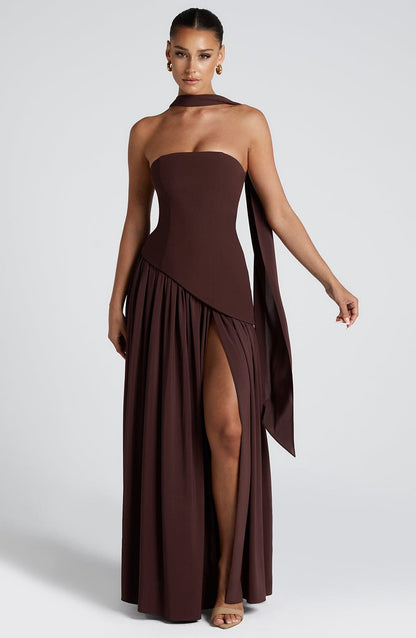 Maxi Abendkleid Damen | Trägerloses Korsett & Hoher Schlitz