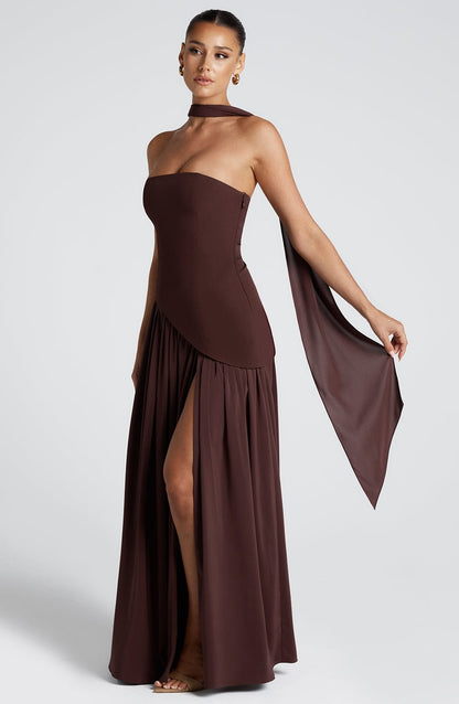 Maxi Abendkleid Damen | Trägerloses Korsett & Hoher Schlitz