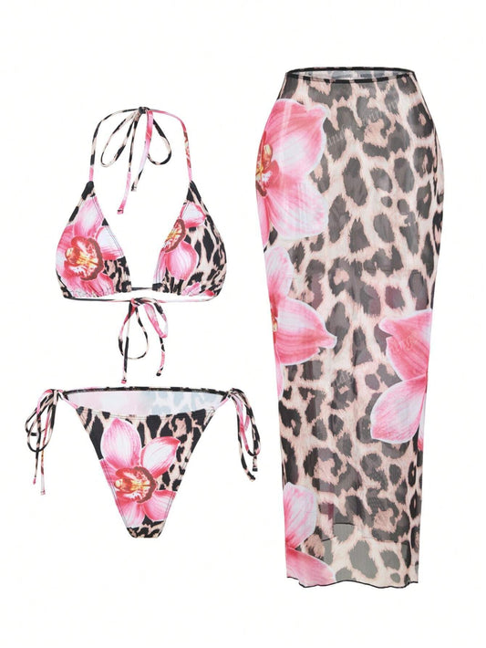 Damen Triangel-Bikini-Set mit floralen Mustern und transparentem Maxirock Echo Archiv 0