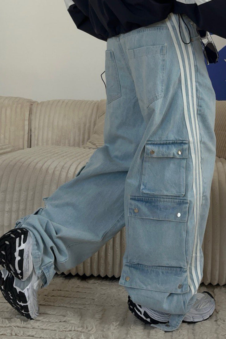 Damen Weite Gestreifte Denim Hose 2