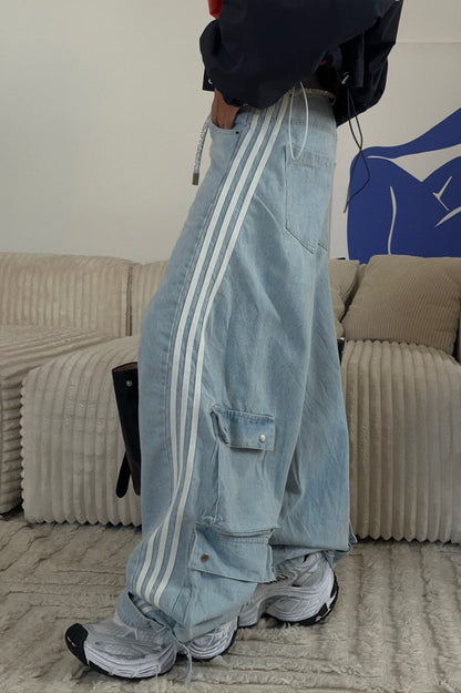 Damen Weite Gestreifte Denim Hose 3