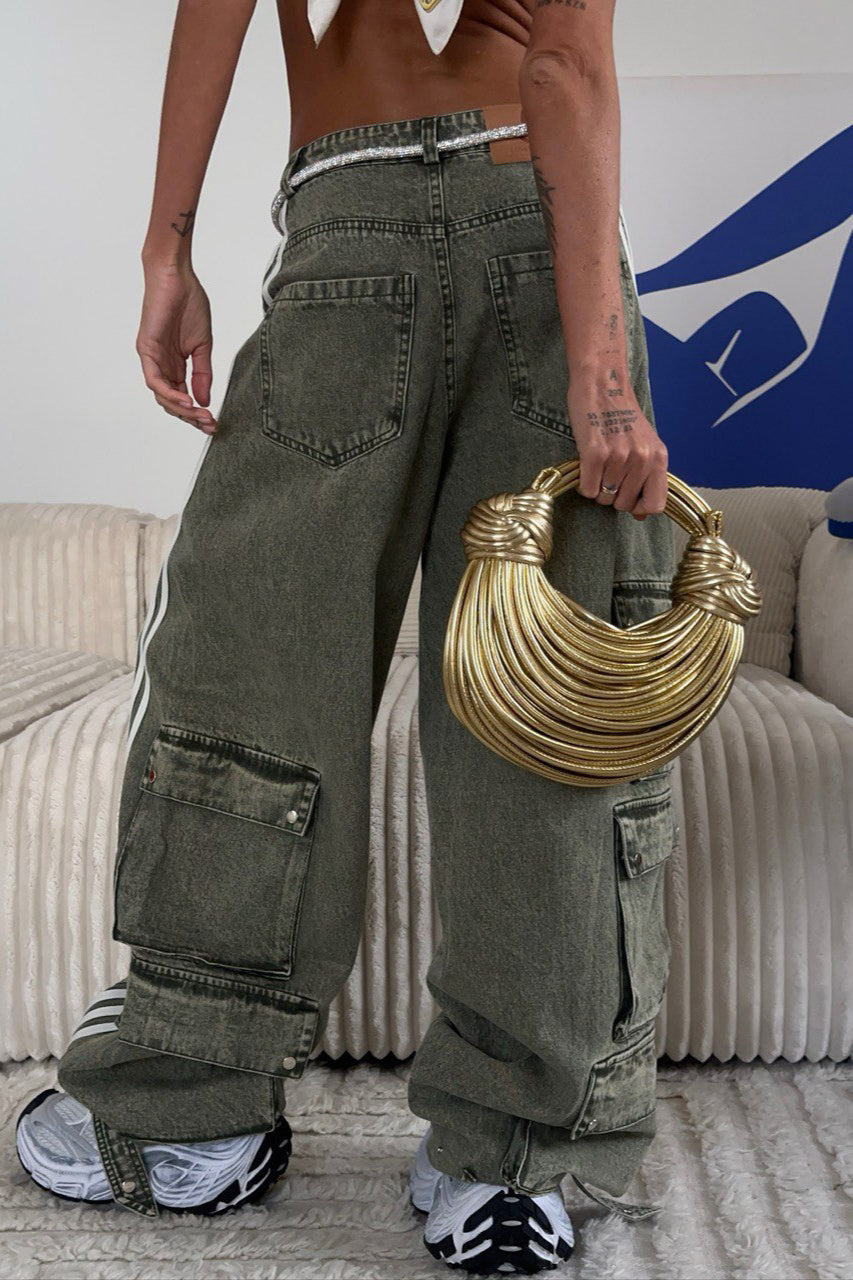 Damen Weite Gestreifte Denim Hose 5