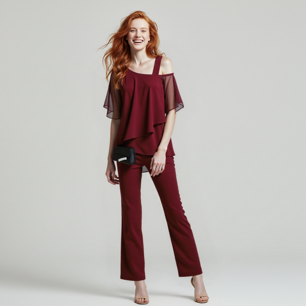 Zweiteiler Damen Sommer | Cold-Shoulder Top & Weite Hose