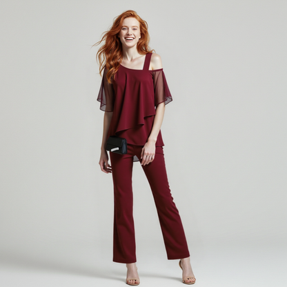 Zweiteiler Damen Sommer | Cold-Shoulder Top & Weite Hose
