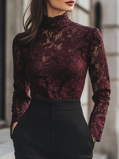 Damenbluse mit floralem Spitzendesign, Stehkragen | Lange Ärmel