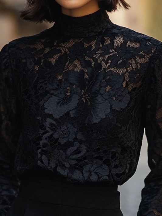 Damenbluse mit floralem Spitzendesign, Stehkragen | Lange Ärmel