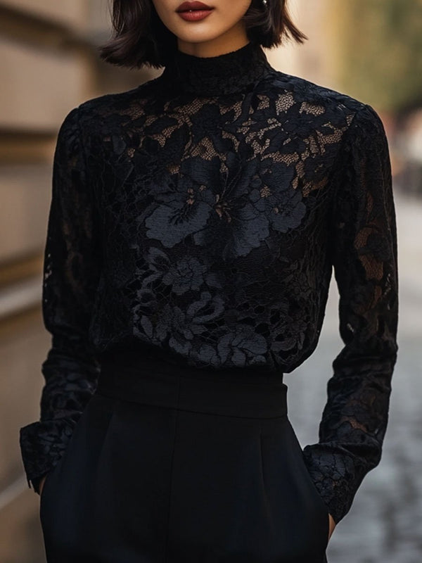 Damenbluse mit floralem Spitzendesign, Stehkragen | Lange Ärmel