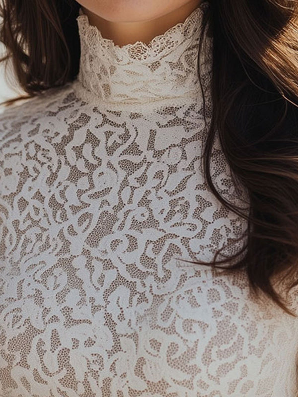 Damenbluse mit floralem Spitzendesign, Stehkragen | Lange Ärmel