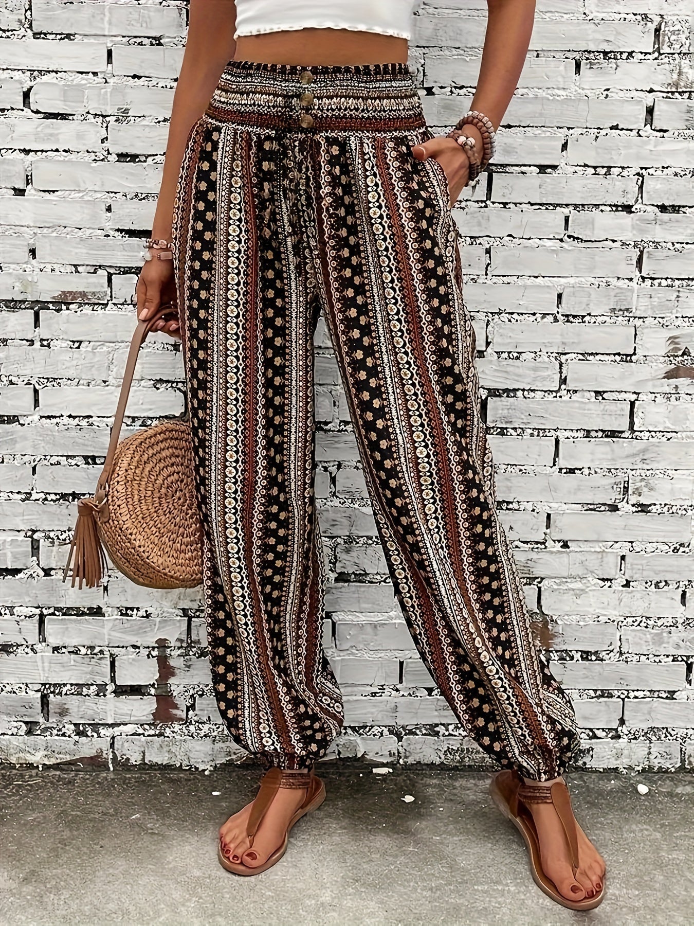 Damenhose Boho | High-Waist & Weiter Schnitt mit Folklore-Print
