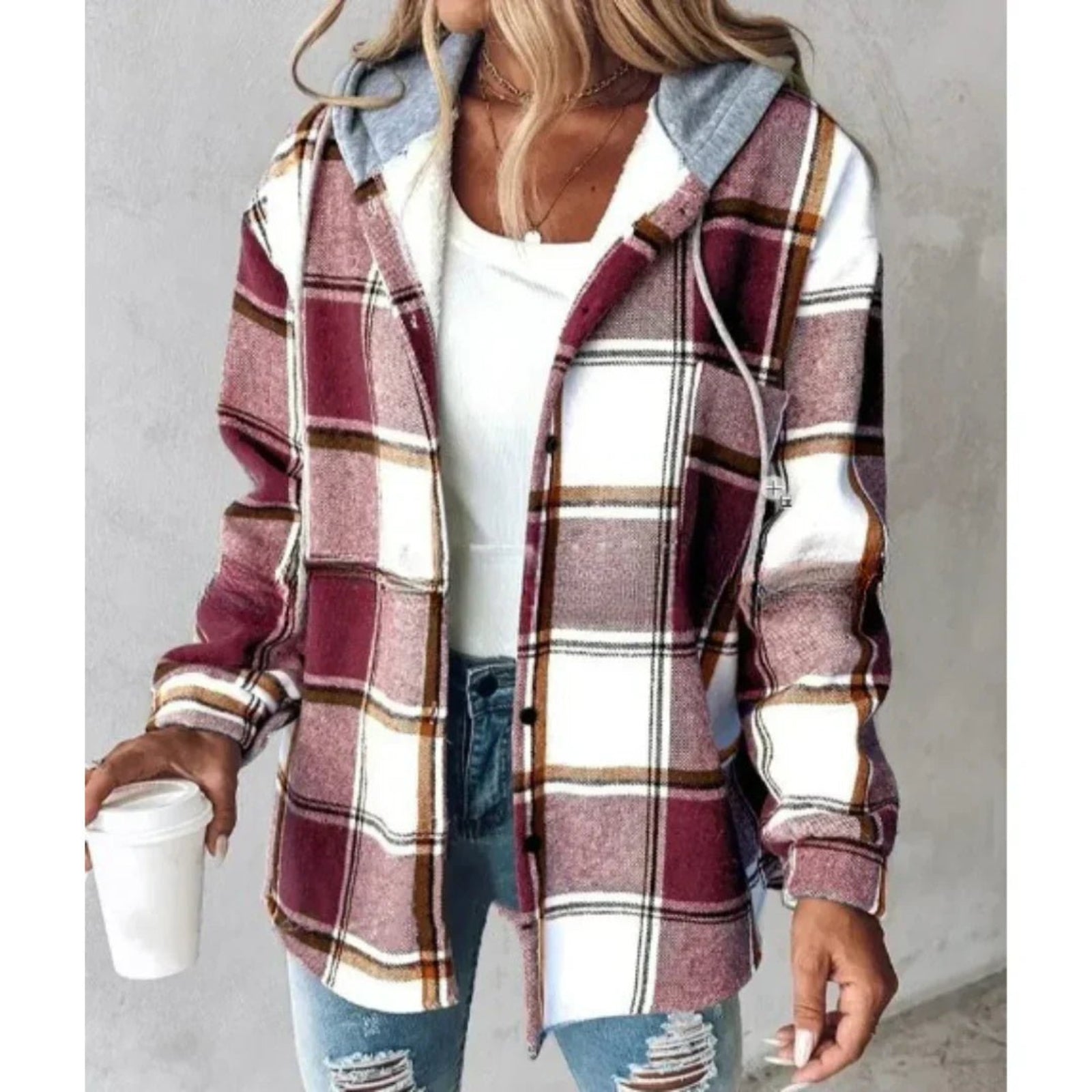 Damenjacke mit Kapuze, Relaxed Fit, Karomuster