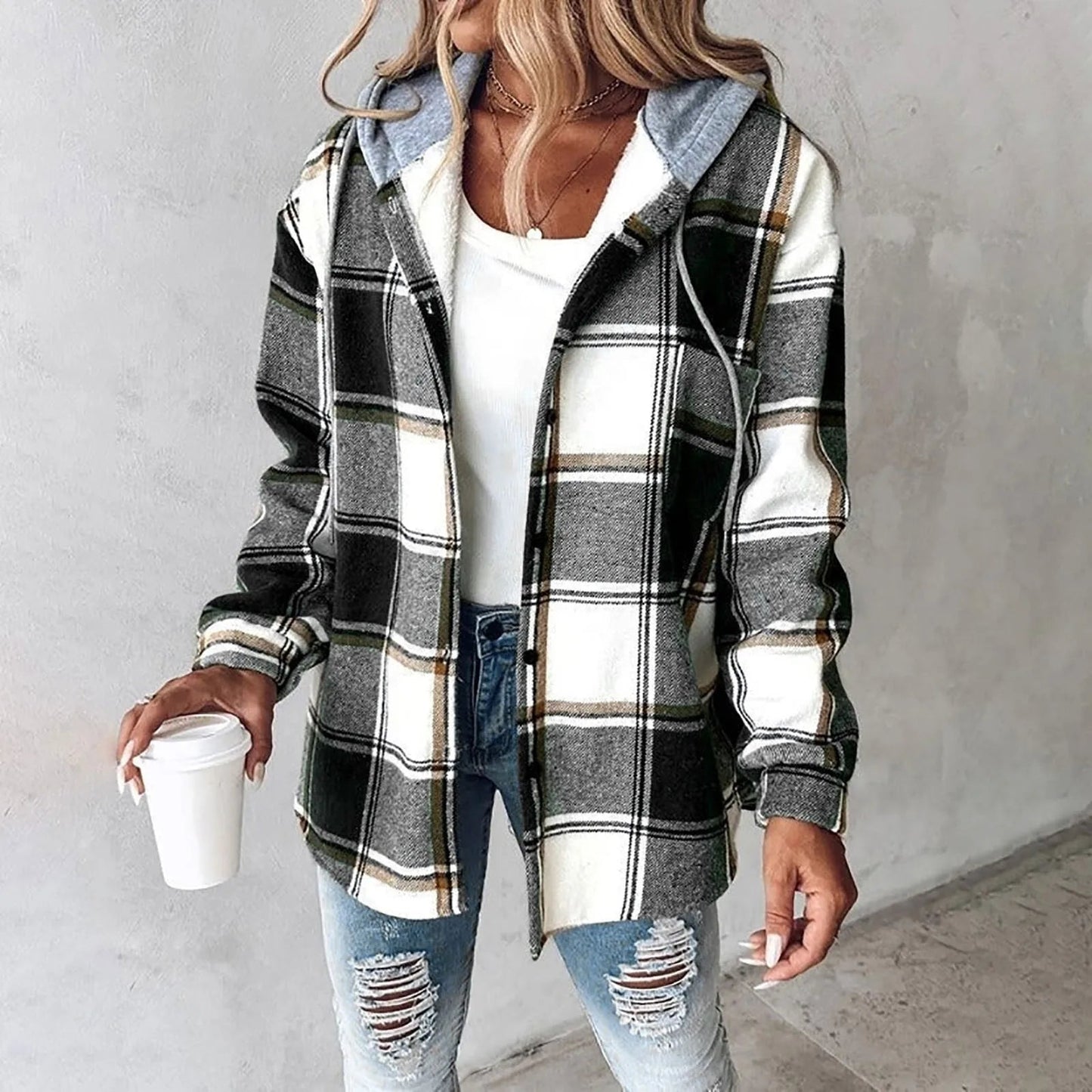 Damenjacke mit Kapuze, Relaxed Fit, Karomuster