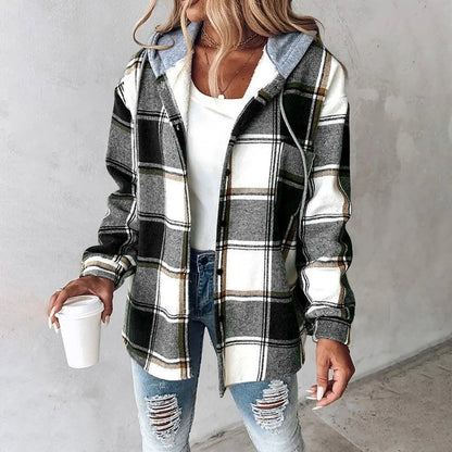 Damenjacke mit Kapuze, Relaxed Fit, Karomuster