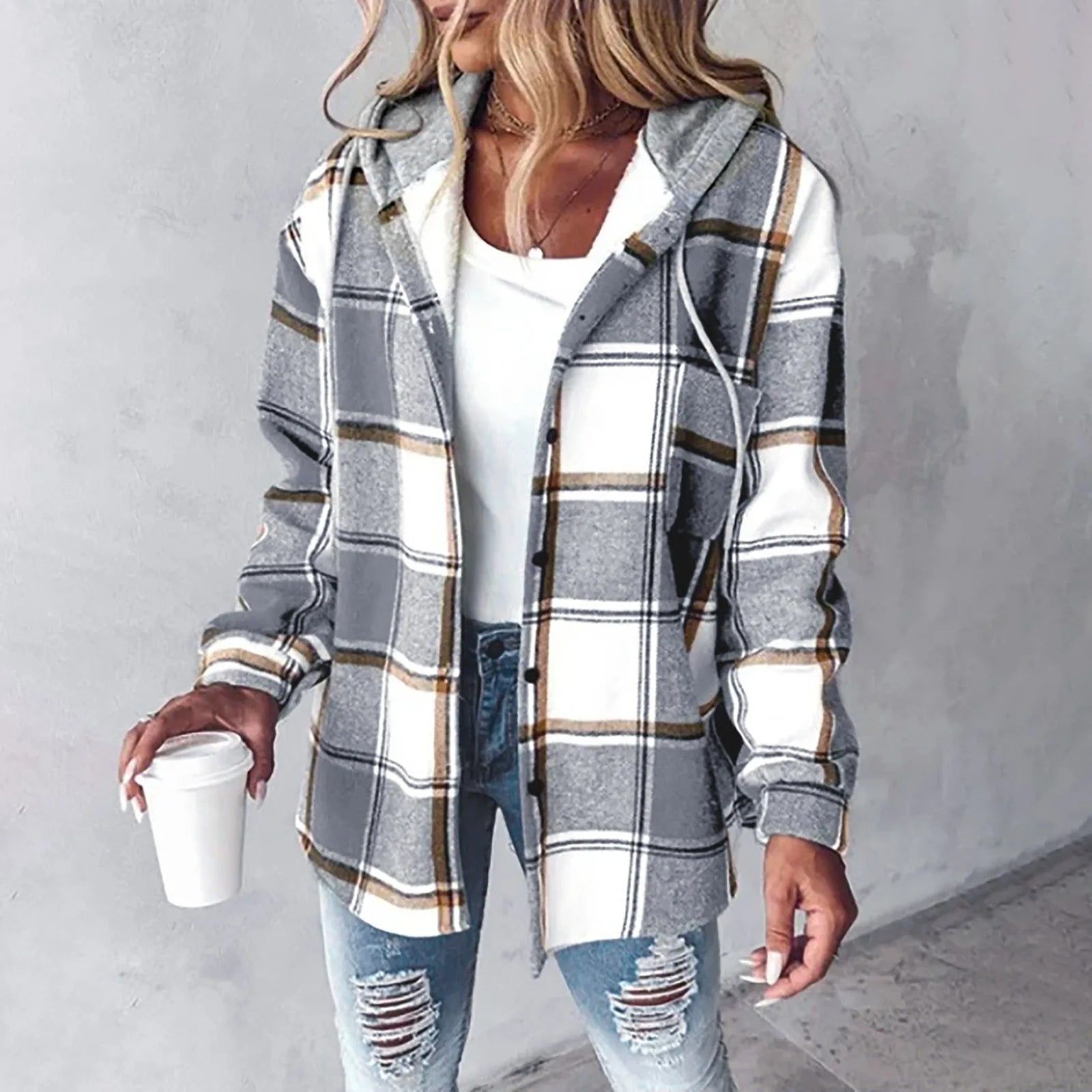 Damenjacke mit Kapuze, Relaxed Fit, Karomuster