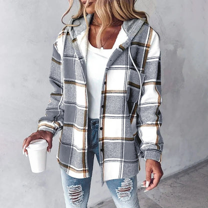 Damenjacke mit Kapuze, Relaxed Fit, Karomuster