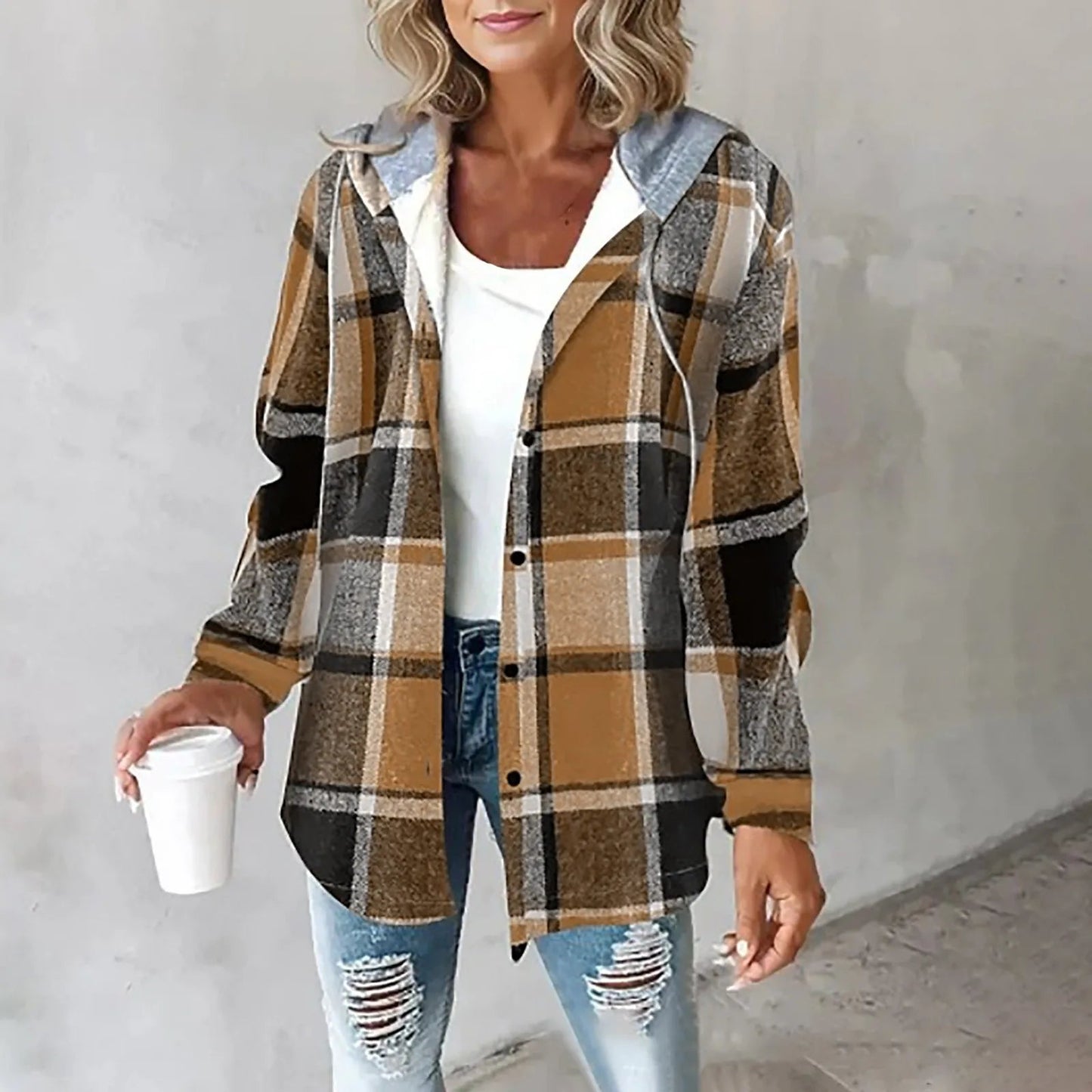 Damenjacke mit Kapuze, Relaxed Fit, Karomuster