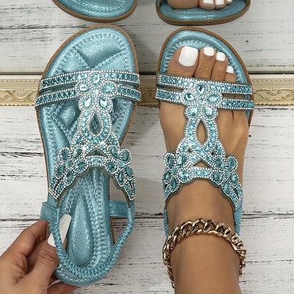 Boho Sandalen Damen | Strass-Besatz & Glitzer Riemen