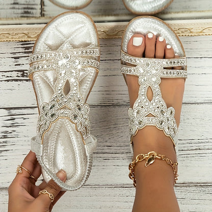 Boho Sandalen Damen | Strass-Besatz & Glitzer Riemen