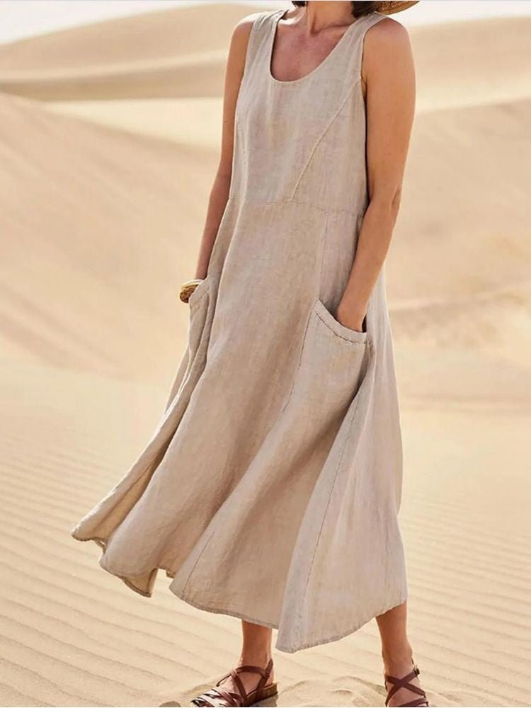 Midikleid Damen | Ärmellos & Natürlicher Leinen-Look mit Seitentaschen