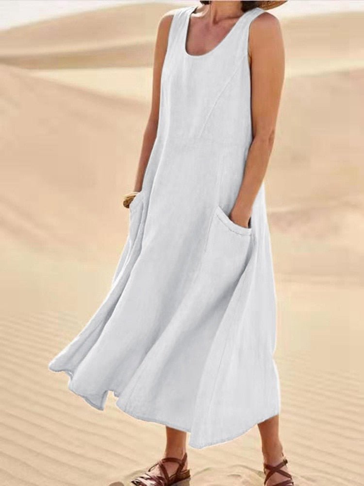 Midikleid Damen | Ärmellos & Natürlicher Leinen-Look mit Seitentaschen