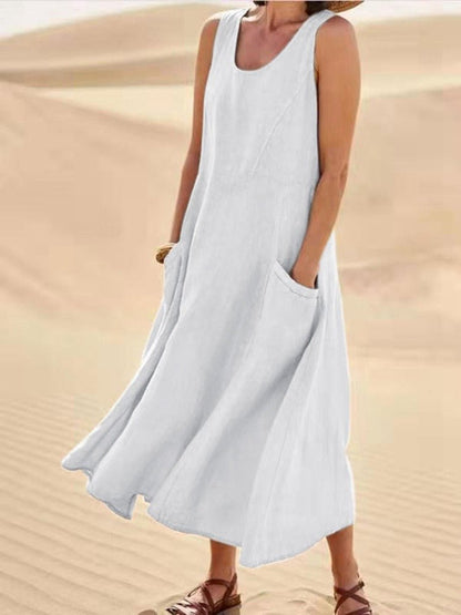 Midikleid Damen | Ärmellos & Natürlicher Leinen-Look mit Seitentaschen