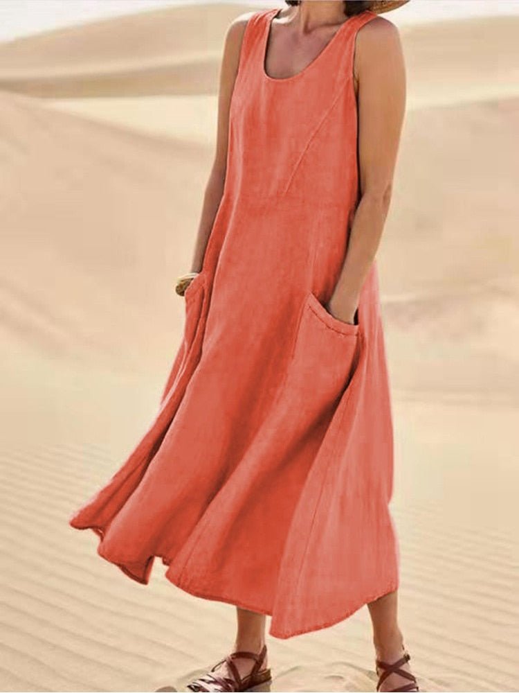 Midikleid Damen | Ärmellos & Natürlicher Leinen-Look mit Seitentaschen