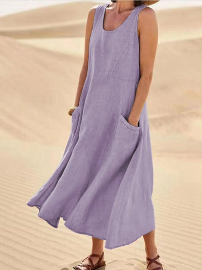 Midikleid Damen | Ärmellos & Natürlicher Leinen-Look mit Seitentaschen