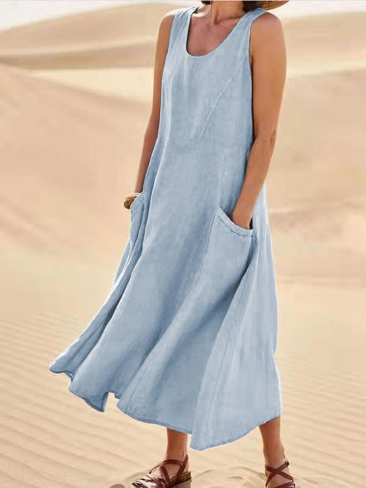 Midikleid Damen | Ärmellos & Natürlicher Leinen-Look mit Seitentaschen