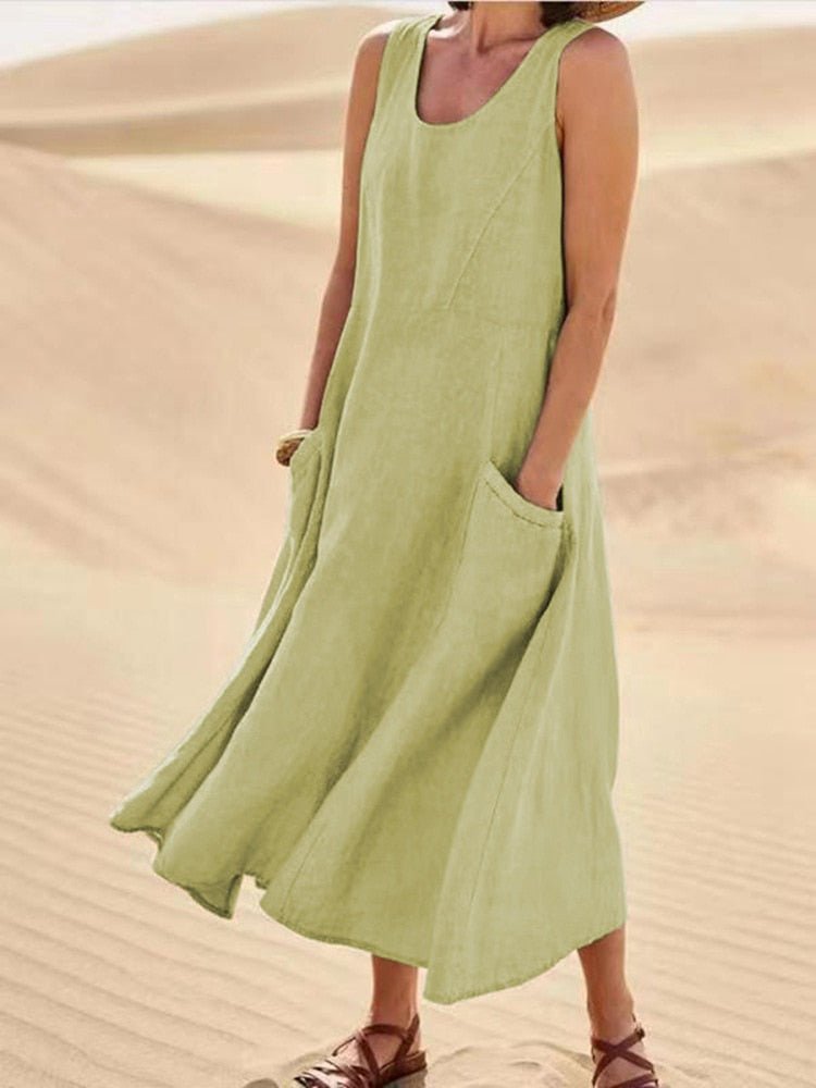 Midikleid Damen | Ärmellos & Natürlicher Leinen-Look mit Seitentaschen