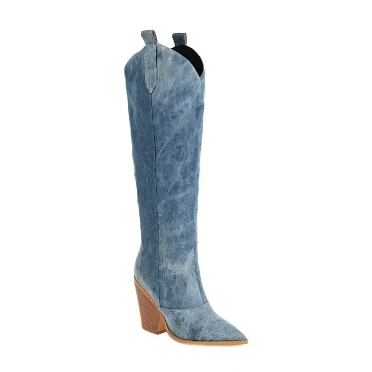 Elegante blaue Stiefel aus Kunstleder mit Stiletto-Absatz