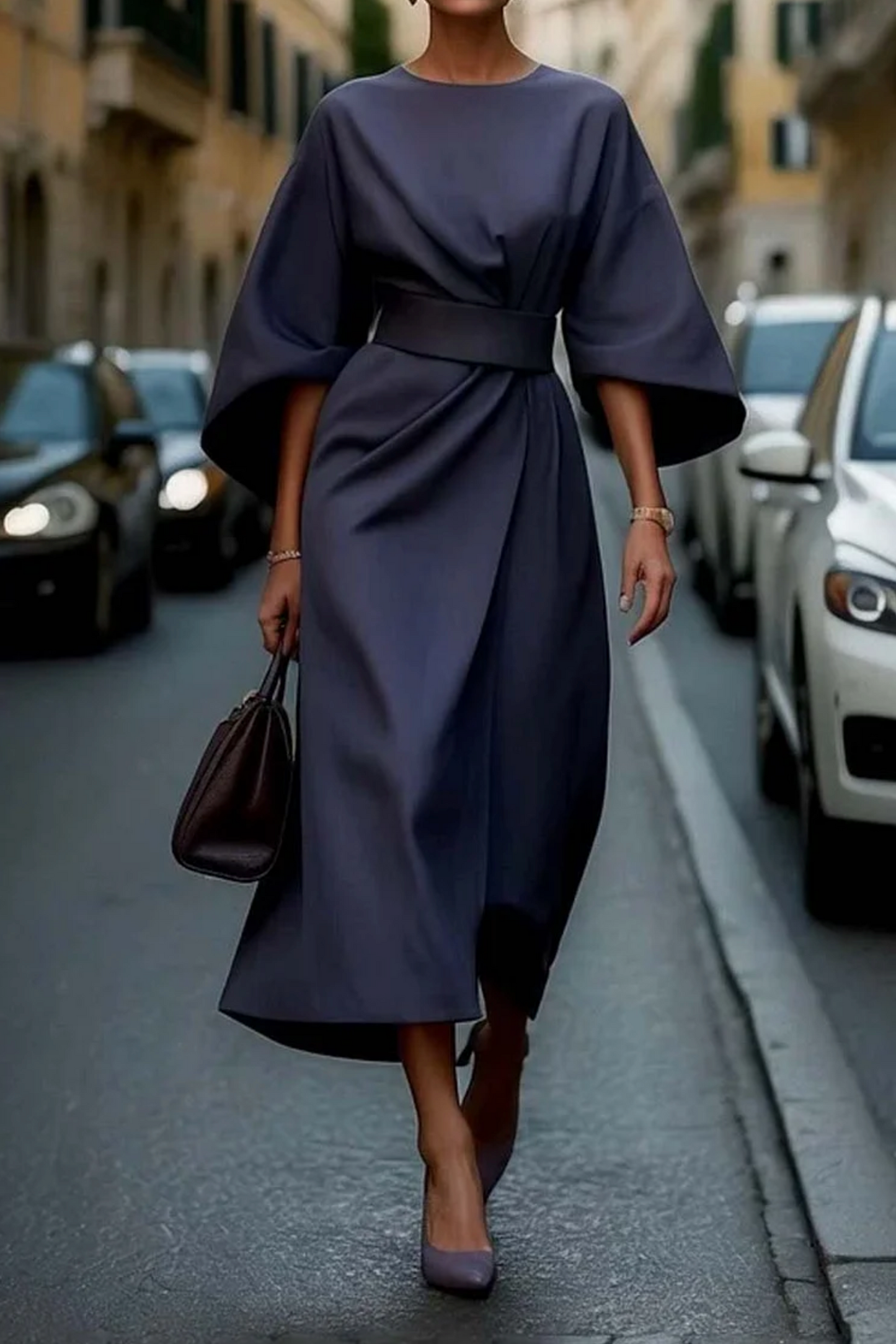 Midikleid Damen | Laternenärmel & Taillengürtel