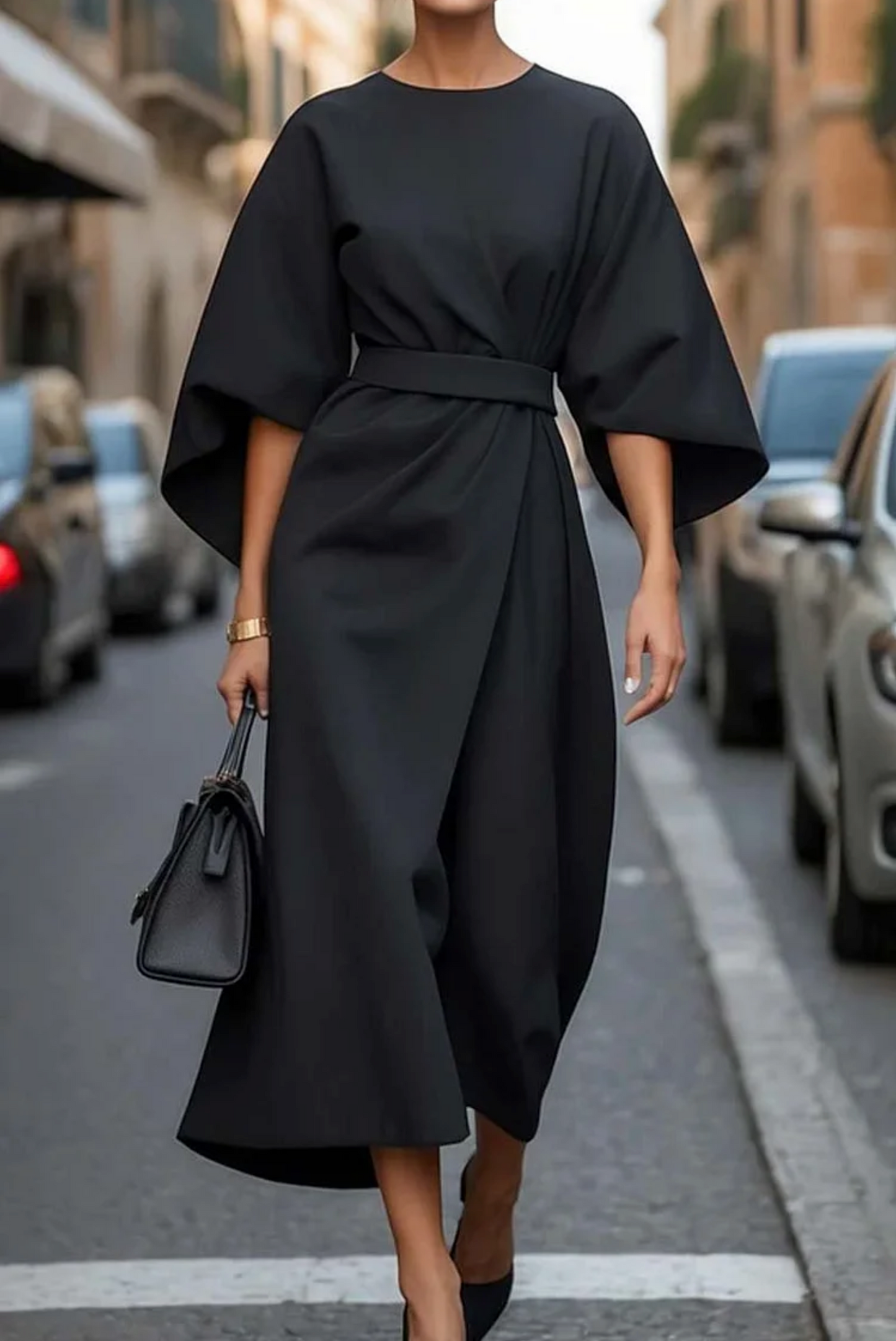 Midikleid Damen | Laternenärmel & Taillengürtel