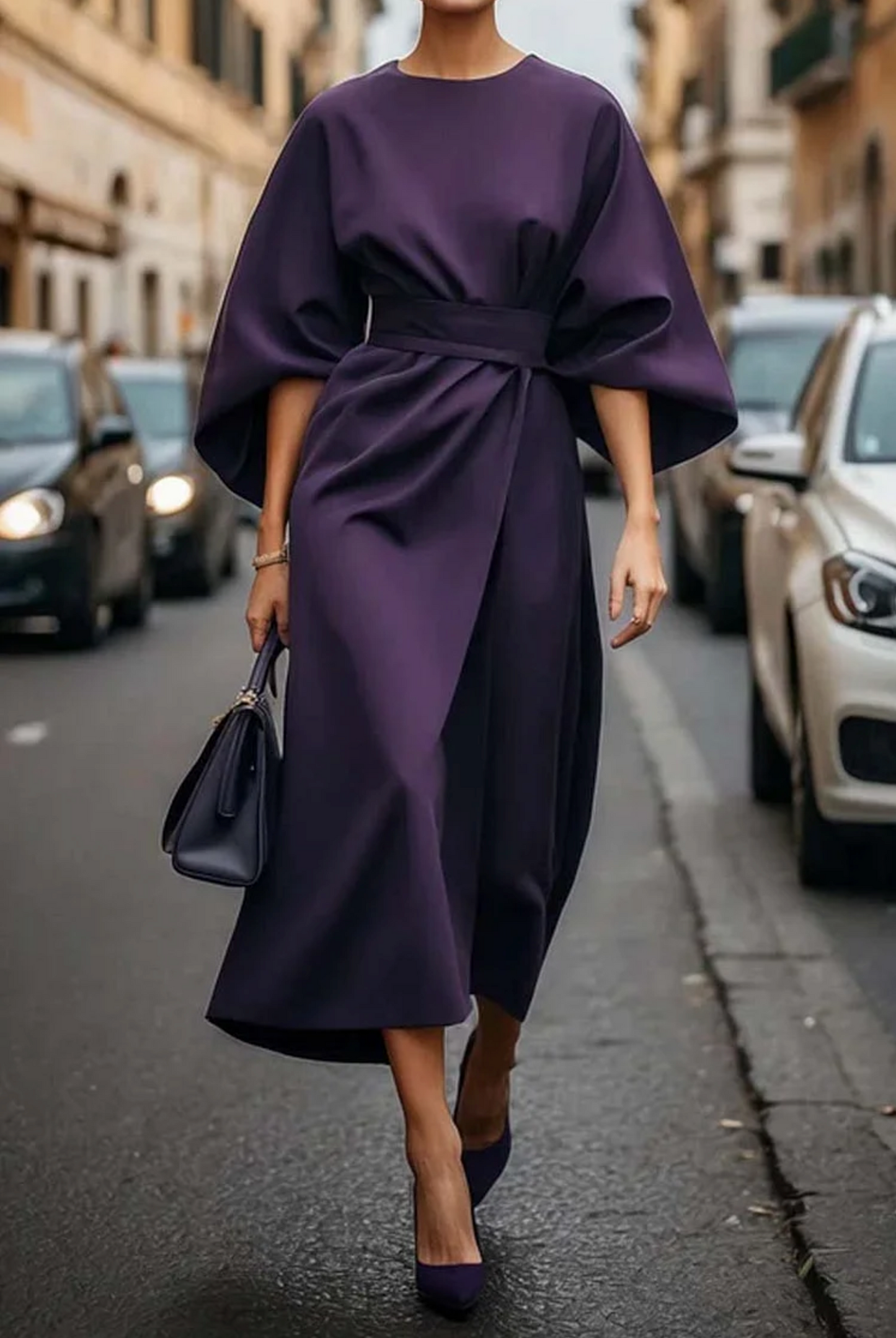 Midikleid Damen | Laternenärmel & Taillengürtel